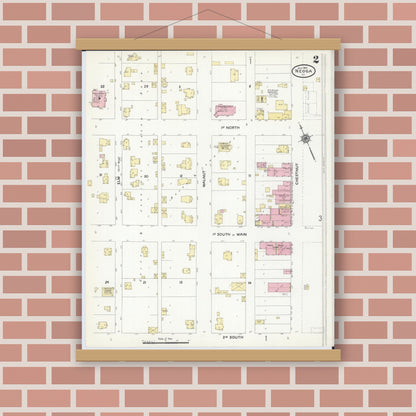 Old map wall art mockup — magnetic wood frame on brick wall — Sanborn Fire Insurance Map from Neoga, Cumberland County, Illinois (1910), Sheet #0002