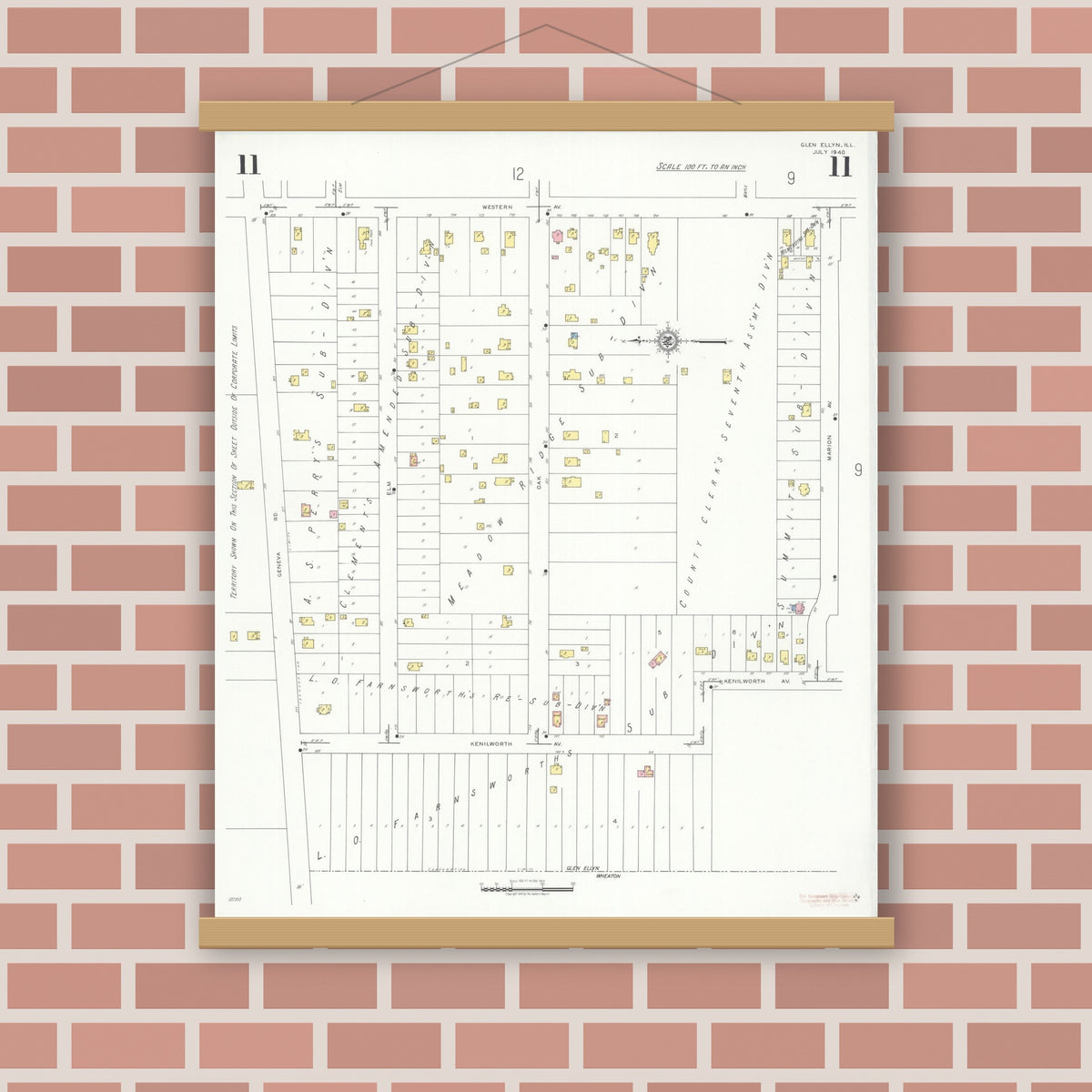 Old map wall art mockup — magnetic wood frame on brick wall — Sanborn Fire Insurance Map from Glen Ellyn, Du Page County, Illinois (1940), Sheet #0011