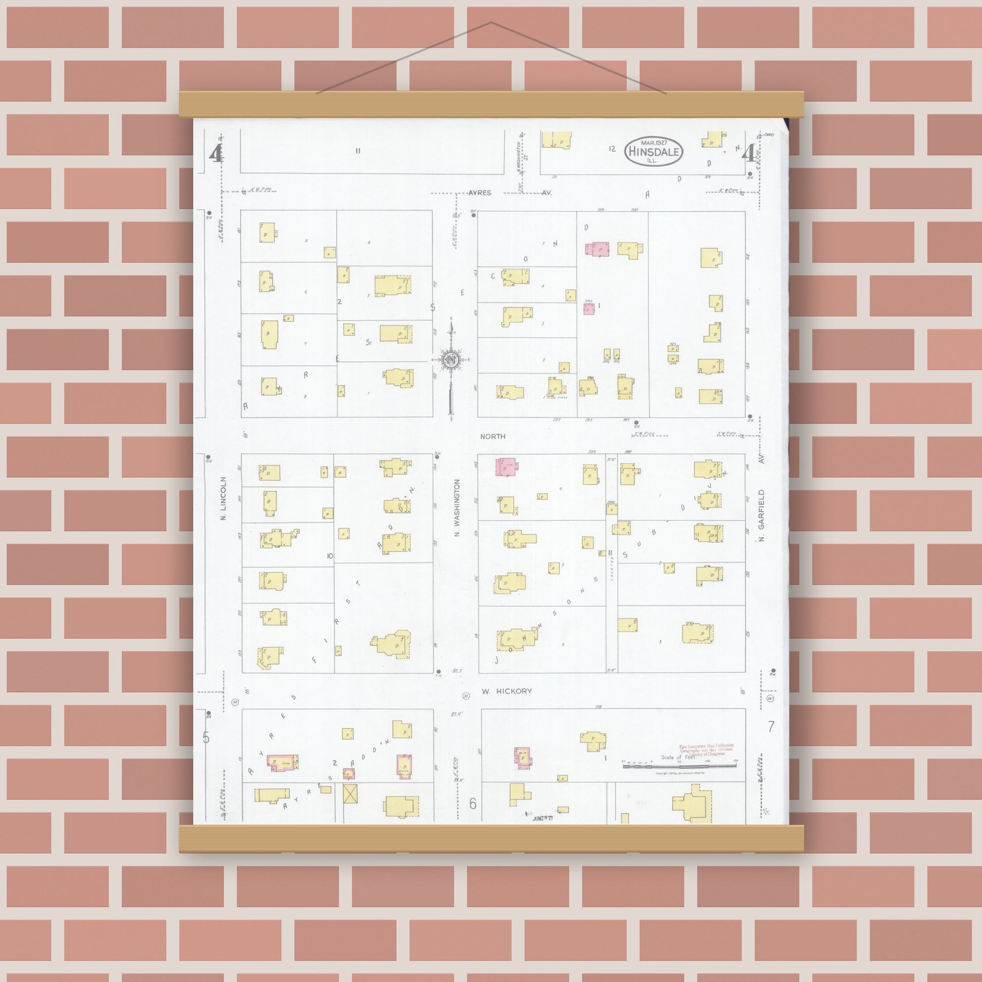 Old map wall art mockup — magnetic wood frame on brick wall — Sanborn Fire Insurance Map from Hinsdale, Du Page And Cook Counties, Illinois (1927), Sheet #0004