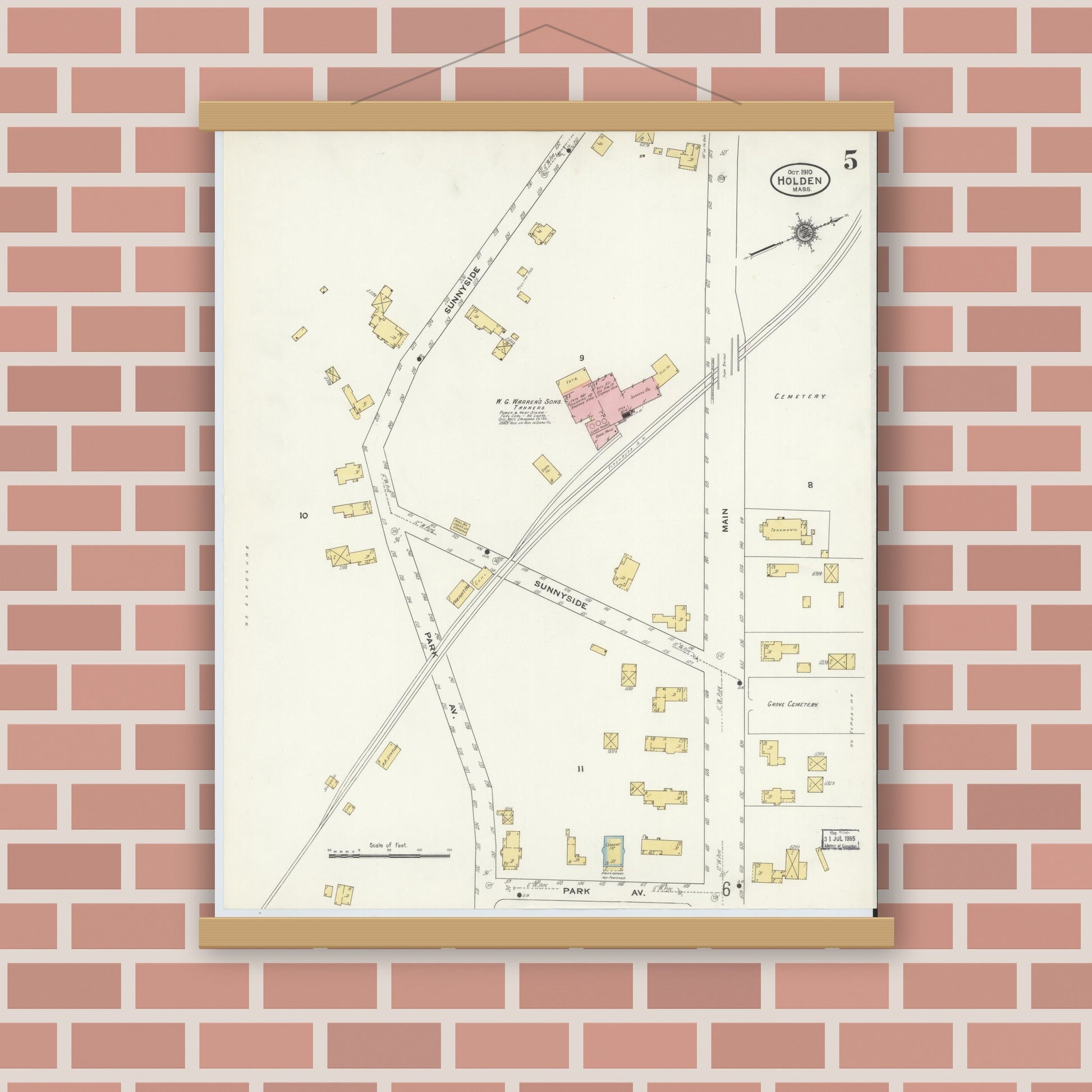 Old map wall art mockup — magnetic wood frame on brick wall — Sanborn Fire Insurance Map from Holden, Worcester County, Massachusetts (1910), Sheet #0005