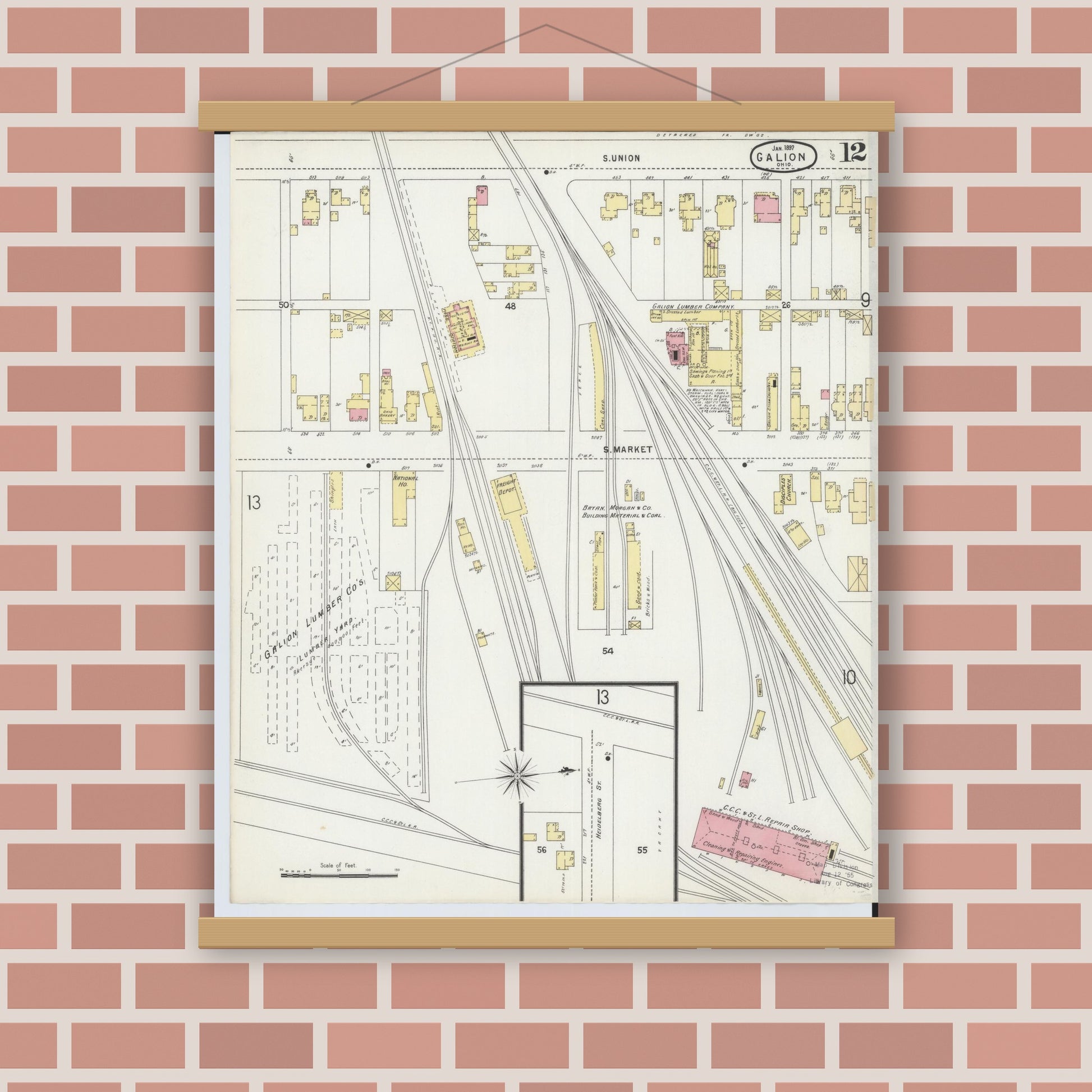 Old map wall art mockup — magnetic wood frame on brick wall — Sanborn Fire Insurance Map from Galion, Crawford County, Ohio (1897), Sheet #0012