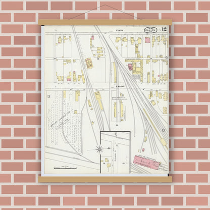 Old map wall art mockup — magnetic wood frame on brick wall — Sanborn Fire Insurance Map from Galion, Crawford County, Ohio (1897), Sheet #0012