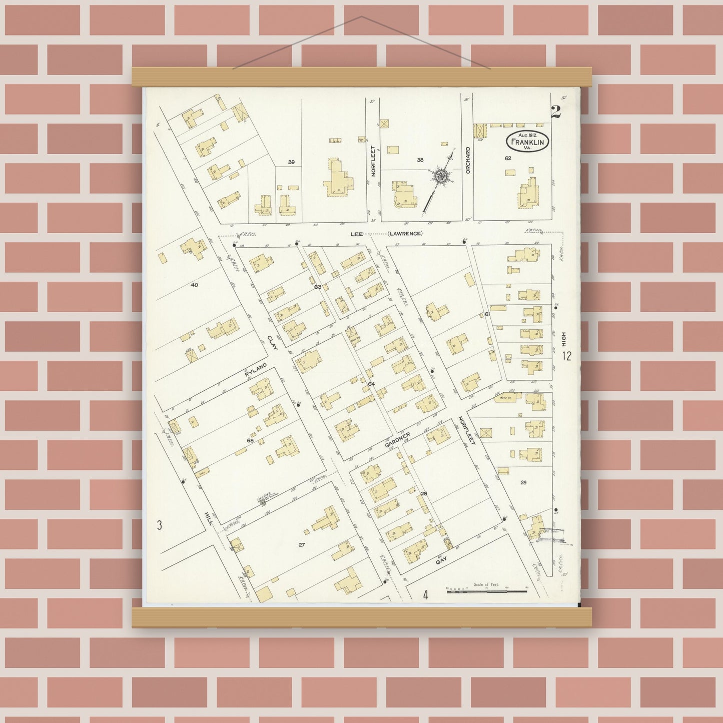 Old map wall art mockup — magnetic wood frame on brick wall — Sanborn Fire Insurance Map from Franklin, Independent Cities, Virginia (1912), Sheet #0002