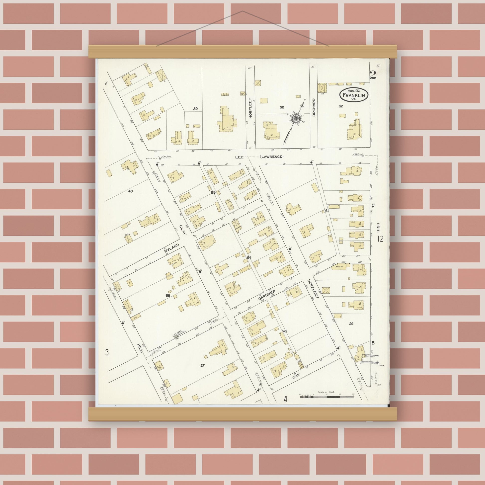 Old map wall art mockup — magnetic wood frame on brick wall — Sanborn Fire Insurance Map from Franklin, Independent Cities, Virginia (1912), Sheet #0002