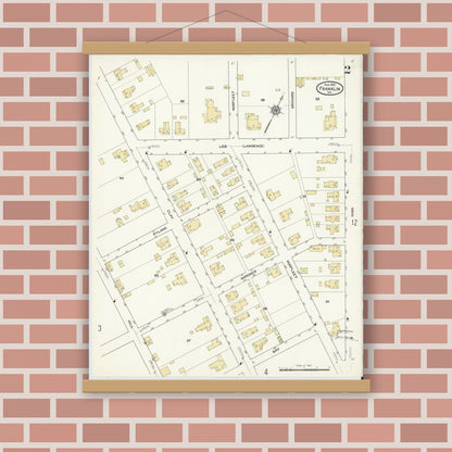 Old map wall art mockup — magnetic wood frame on brick wall — Sanborn Fire Insurance Map from Franklin, Independent Cities, Virginia (1912), Sheet #0002