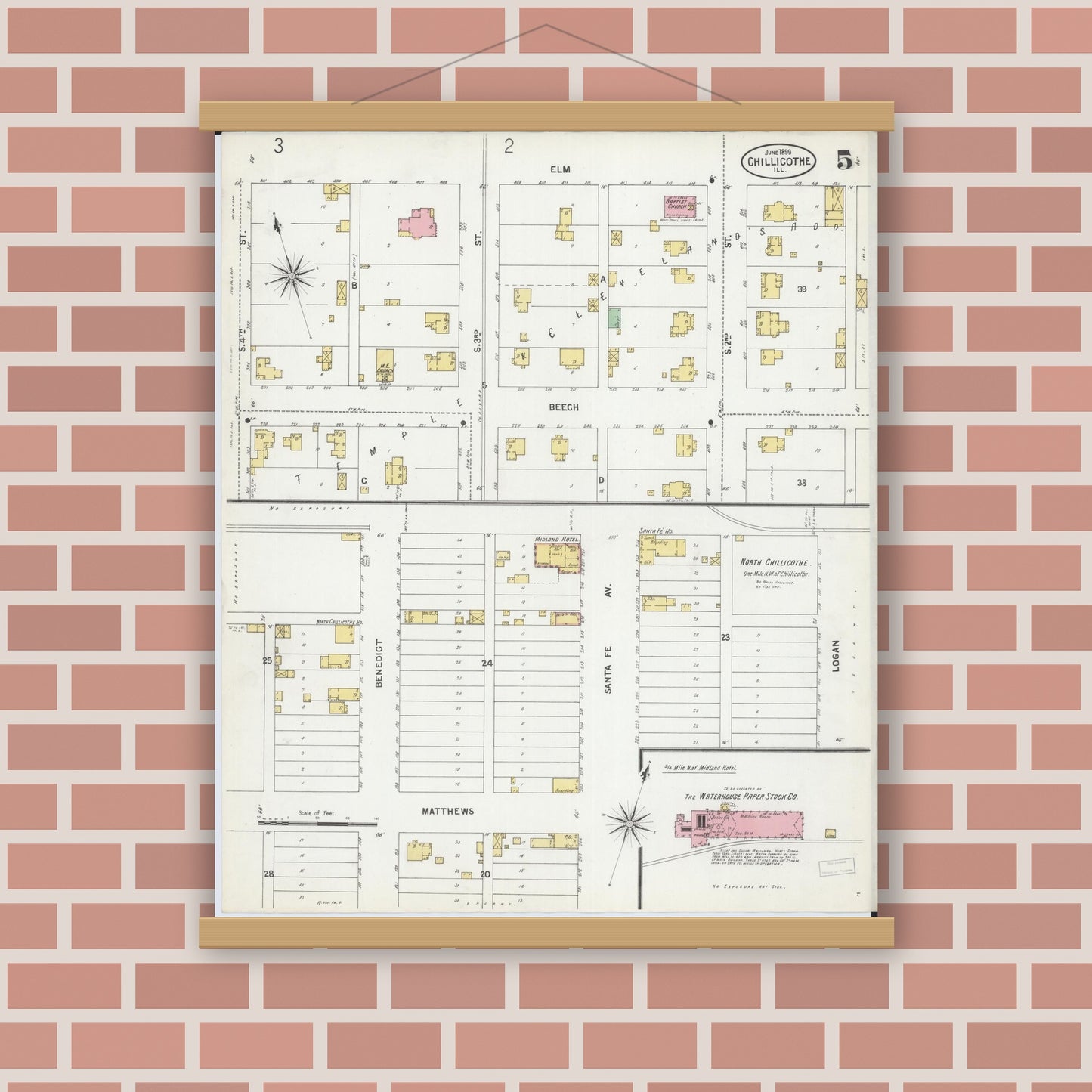 Old map wall art mockup — magnetic wood frame on brick wall — Sanborn Fire Insurance Map from Chillicothe, Peoria County, Illinois (1899), Sheet #0005