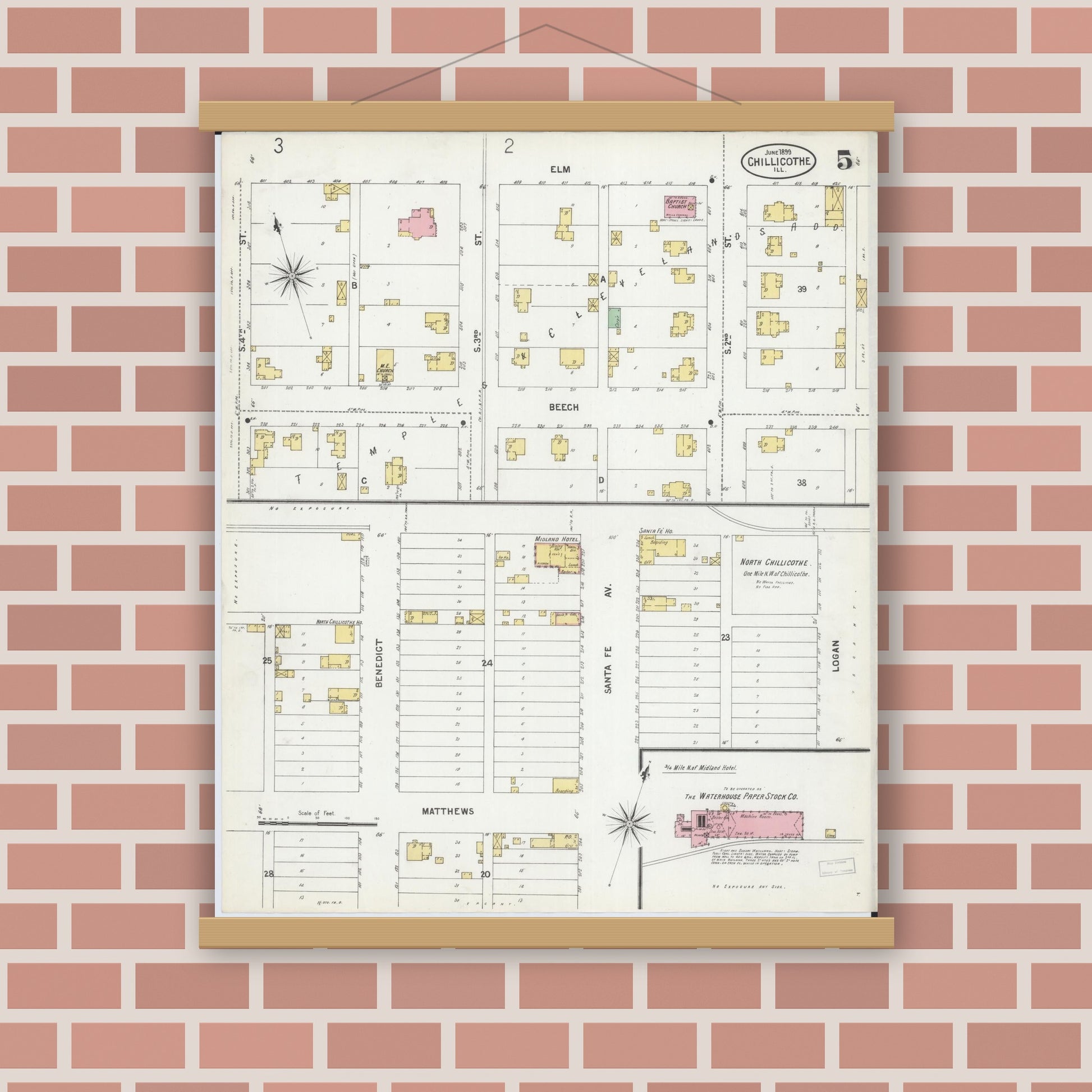 Old map wall art mockup — magnetic wood frame on brick wall — Sanborn Fire Insurance Map from Chillicothe, Peoria County, Illinois (1899), Sheet #0005