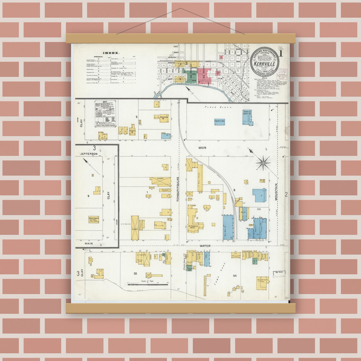 Old map wall art mockup — magnetic wood frame on brick wall — Sanborn Fire Insurance Map from Kerrville, Kerr County, Texas (1904) - Complete Map Set