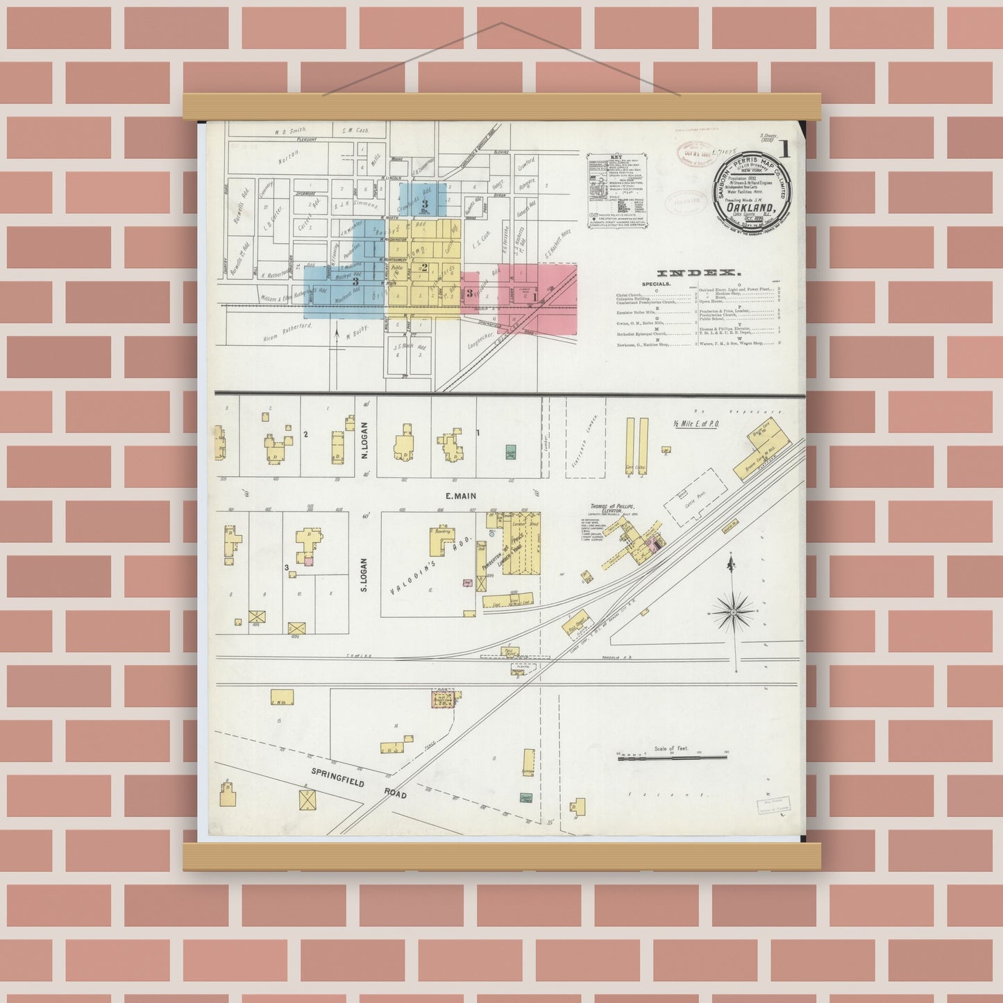 Old map wall art mockup — magnetic wood frame on brick wall — Sanborn Fire Insurance Map from Oakland, Coles County, Illinois (1899) - Complete Map Set