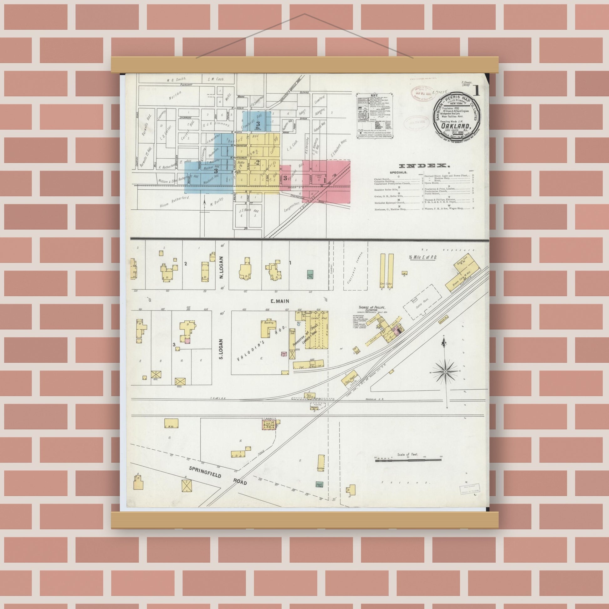 Old map wall art mockup — magnetic wood frame on brick wall — Sanborn Fire Insurance Map from Oakland, Coles County, Illinois (1899) - Complete Map Set