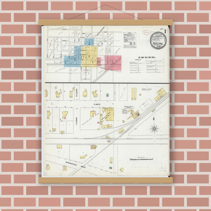 Old map wall art mockup — magnetic wood frame on brick wall — Sanborn Fire Insurance Map from Oakland, Coles County, Illinois (1899) - Complete Map Set