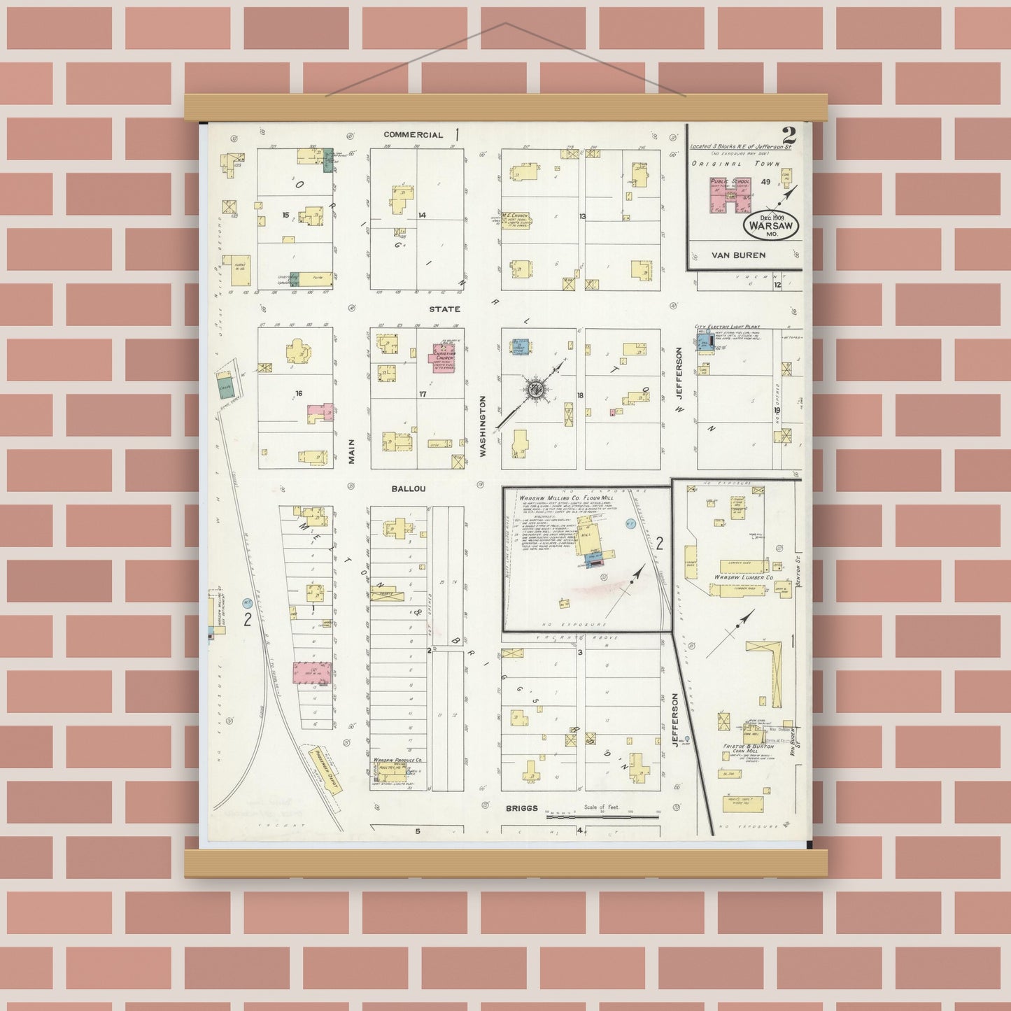 Old map wall art mockup — magnetic wood frame on brick wall — Sanborn Fire Insurance Map from Warsaw, Benton County, Missouri (1909), Sheet #0002
