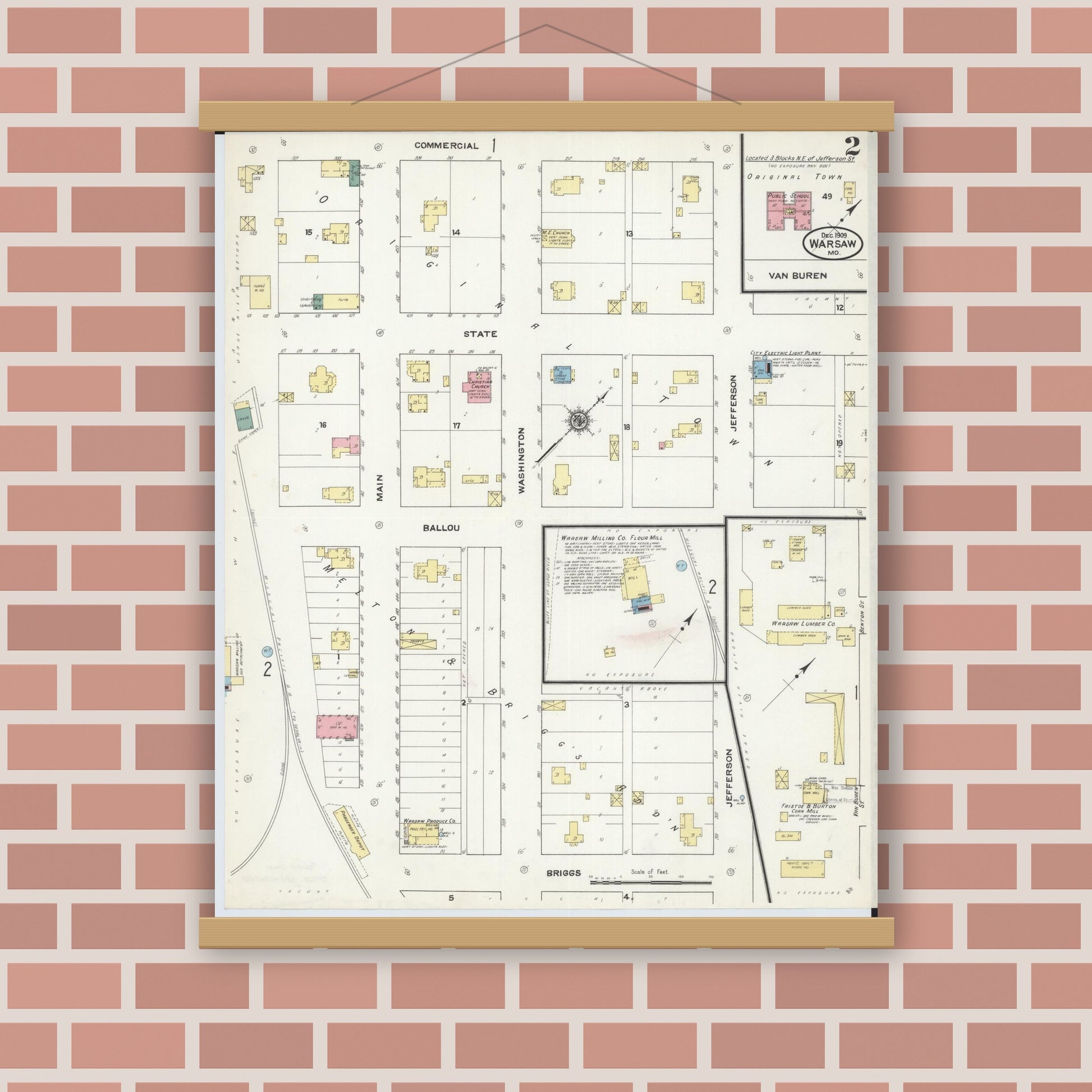 Old map wall art mockup — magnetic wood frame on brick wall — Sanborn Fire Insurance Map from Warsaw, Benton County, Missouri (1909), Sheet #0002