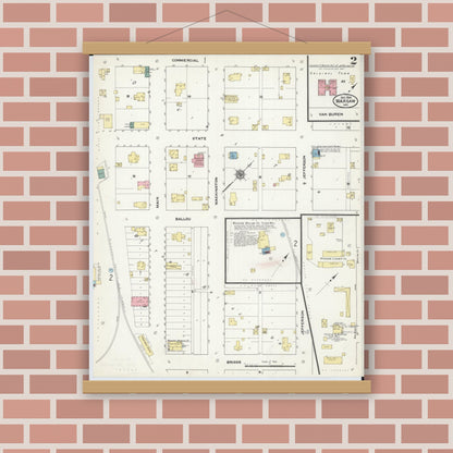 Old map wall art mockup — magnetic wood frame on brick wall — Sanborn Fire Insurance Map from Warsaw, Benton County, Missouri (1909), Sheet #0002