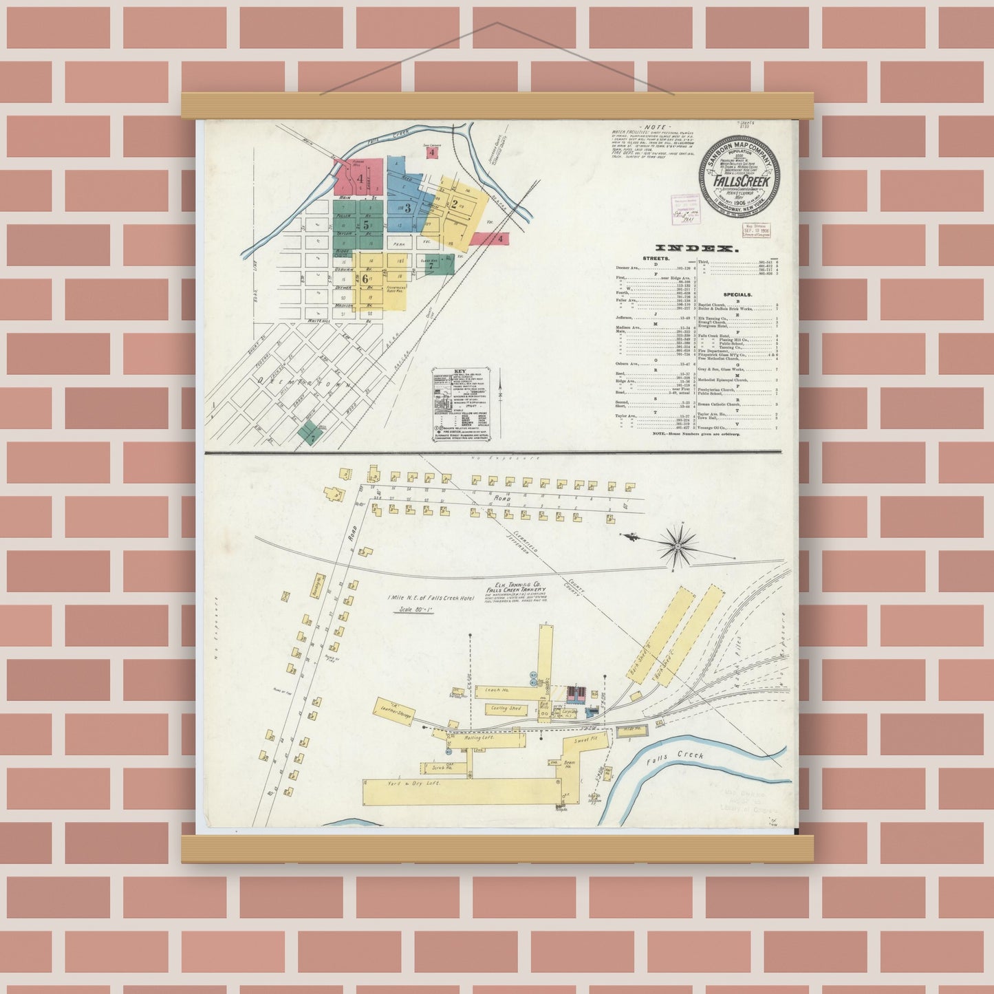 Old map wall art mockup — magnetic wood frame on brick wall — Sanborn Fire Insurance Map from Falls Creek, Jefferson And Clearfield Counties, Pennsylvania (1906) - Complete Map Set