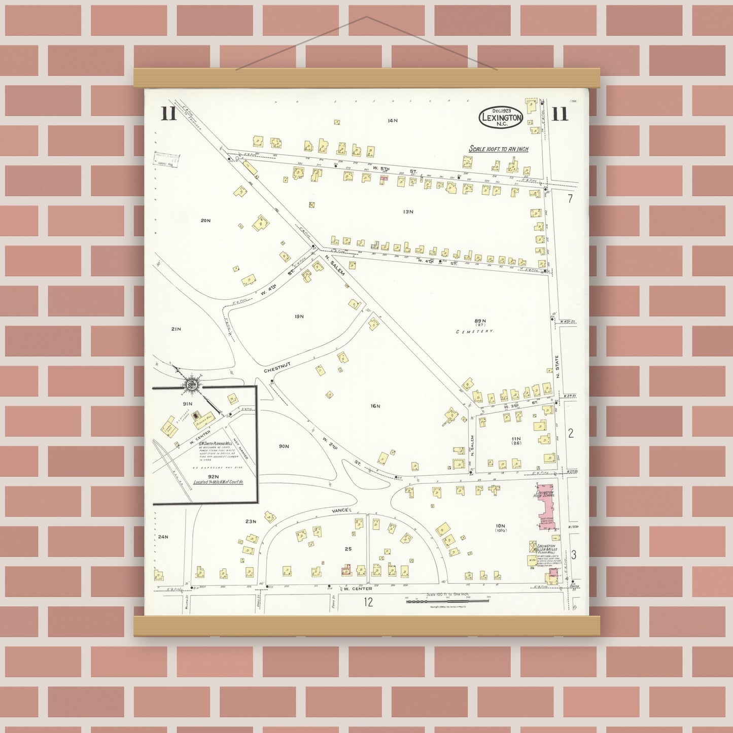 Old map wall art mockup — magnetic wood frame on brick wall — Sanborn Fire Insurance Map from Lexington, Davidson County, North Carolina (1923), Sheet #0011