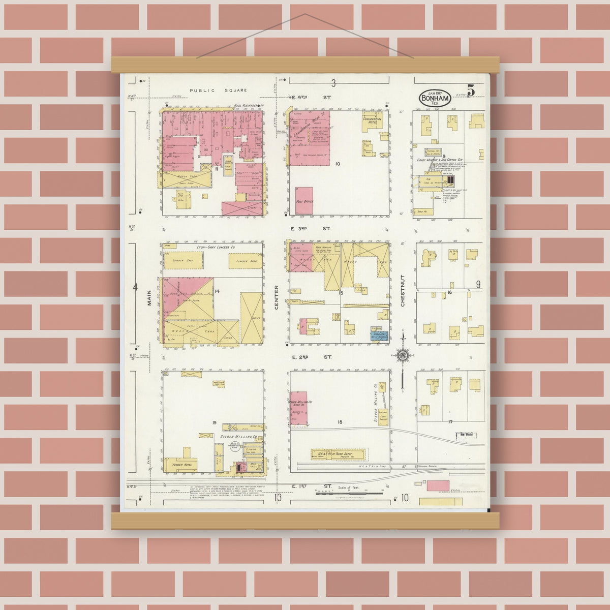 Old map wall art mockup — magnetic wood frame on brick wall — Sanborn Fire Insurance Map from Bonham, Fannin County, Texas (1917), Sheet #0005