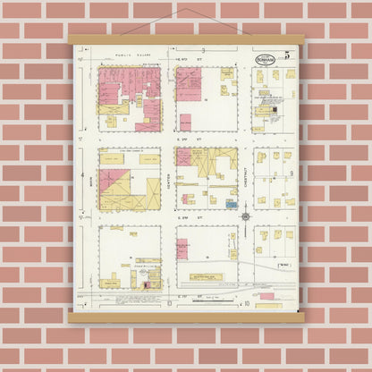 Old map wall art mockup — magnetic wood frame on brick wall — Sanborn Fire Insurance Map from Bonham, Fannin County, Texas (1917), Sheet #0005