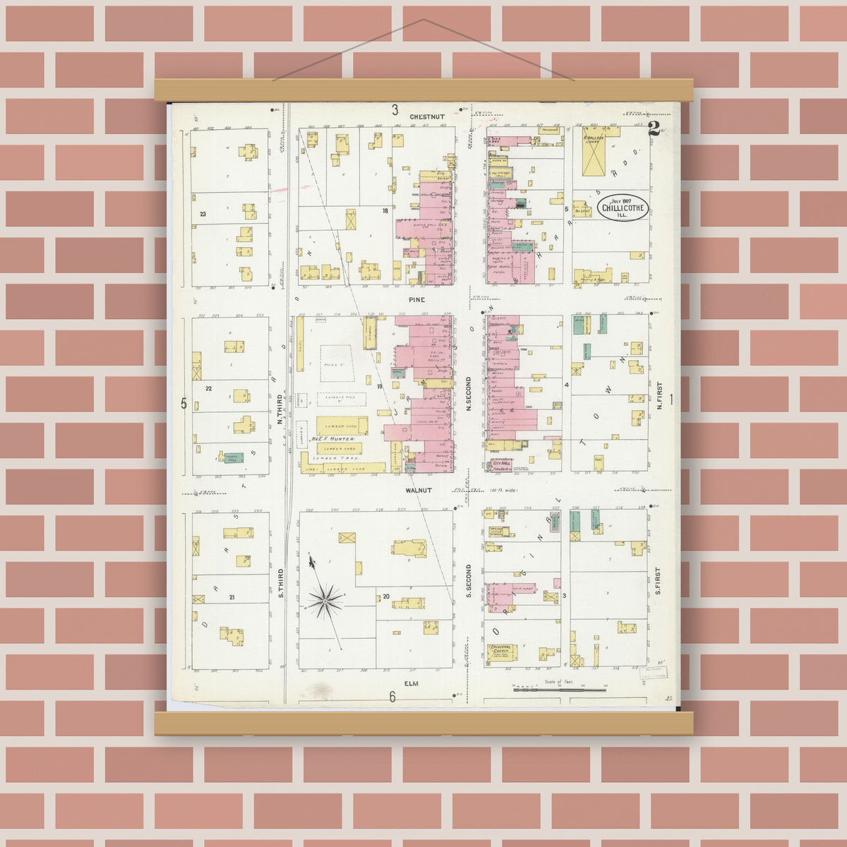 Old map wall art mockup — magnetic wood frame on brick wall — Sanborn Fire Insurance Map from Chillicothe, Peoria County, Illinois (1907), Sheet #0002