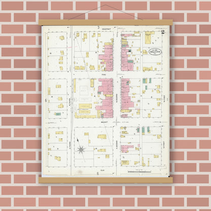 Old map wall art mockup — magnetic wood frame on brick wall — Sanborn Fire Insurance Map from Chillicothe, Peoria County, Illinois (1907), Sheet #0002