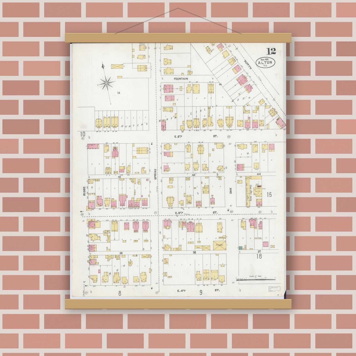 Old map wall art mockup — magnetic wood frame on brick wall — Sanborn Fire Insurance Map from Alton, Madison County, Illinois (1902), Sheet #0012