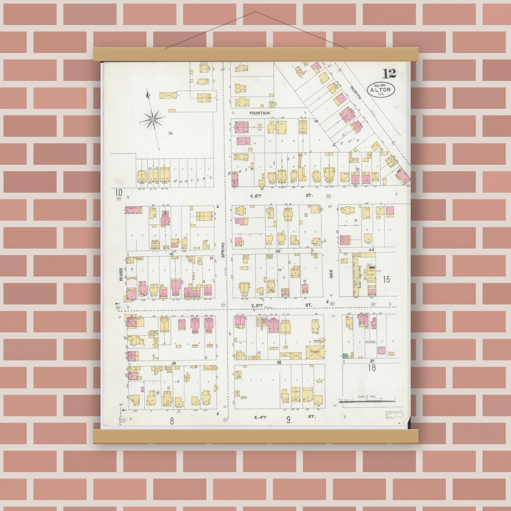 Old map wall art mockup — magnetic wood frame on brick wall — Sanborn Fire Insurance Map from Alton, Madison County, Illinois (1902), Sheet #0012