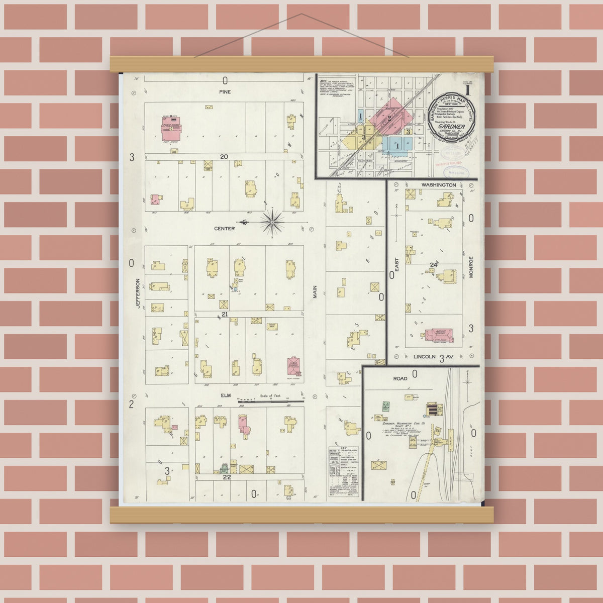 Old map wall art mockup — magnetic wood frame on brick wall — Sanborn Fire Insurance Map from Gardner, Grundy County, Illinois (1898) - Complete Map Set