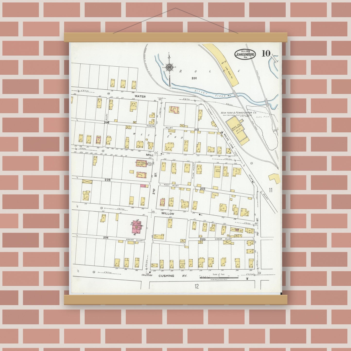 Old map wall art mockup — magnetic wood frame on brick wall — Sanborn Fire Insurance Map from Johnsonburg, Elk County, Pennsylvania (1919), Sheet #0010