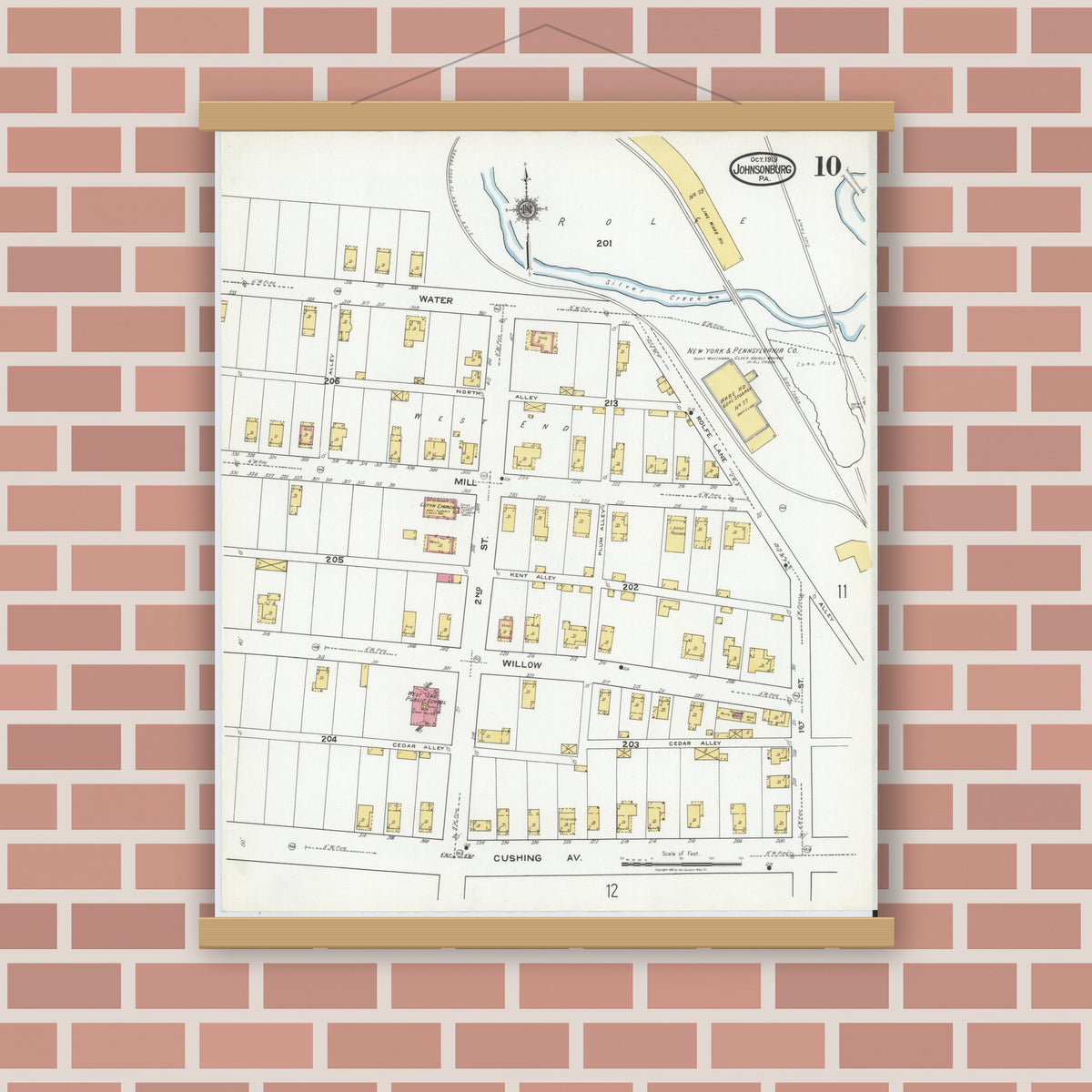 Old map wall art mockup — magnetic wood frame on brick wall — Sanborn Fire Insurance Map from Johnsonburg, Elk County, Pennsylvania (1919), Sheet #0010