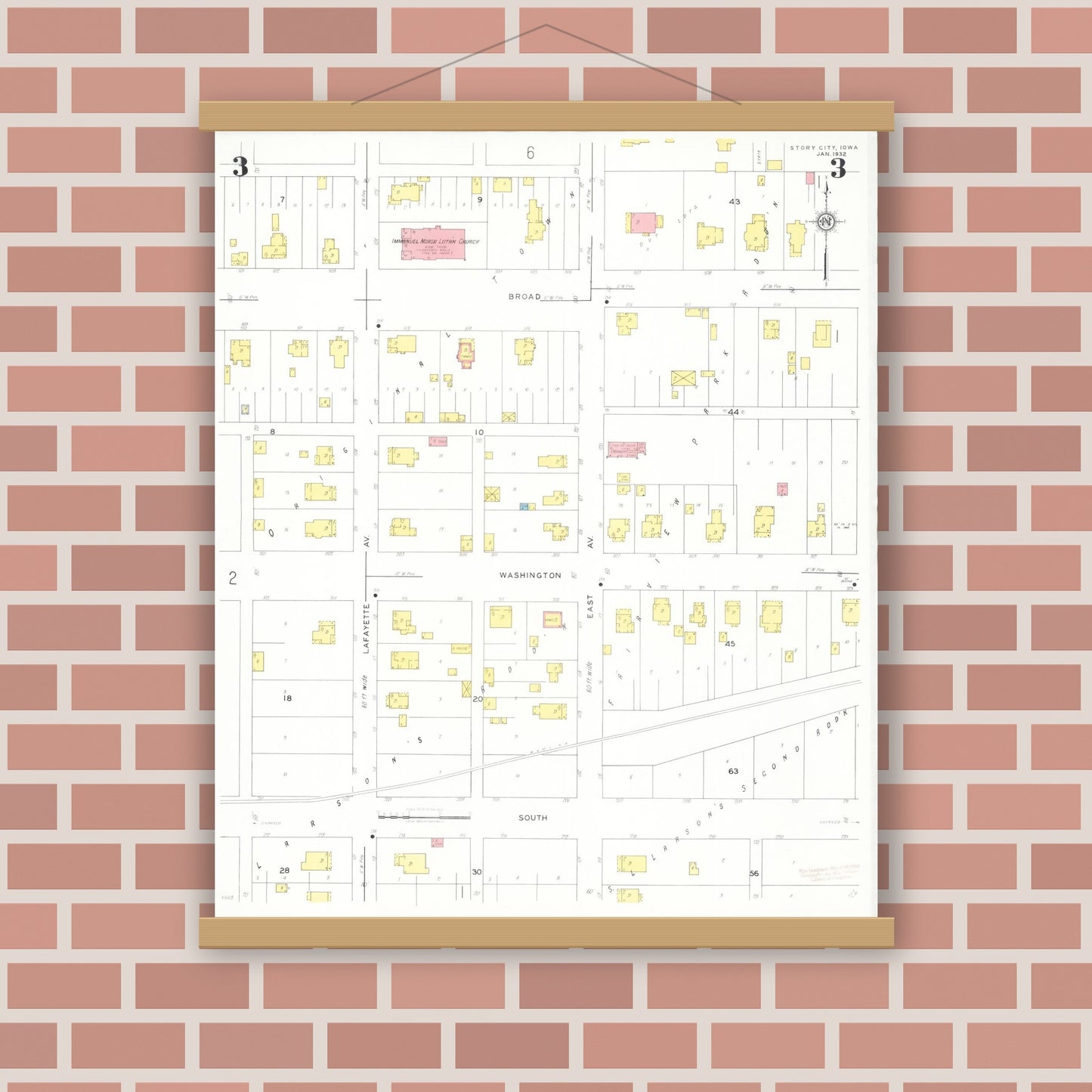 Old map wall art mockup — magnetic wood frame on brick wall — Sanborn Fire Insurance Map from Story City, Story County, Iowa (1932), Sheet #0003