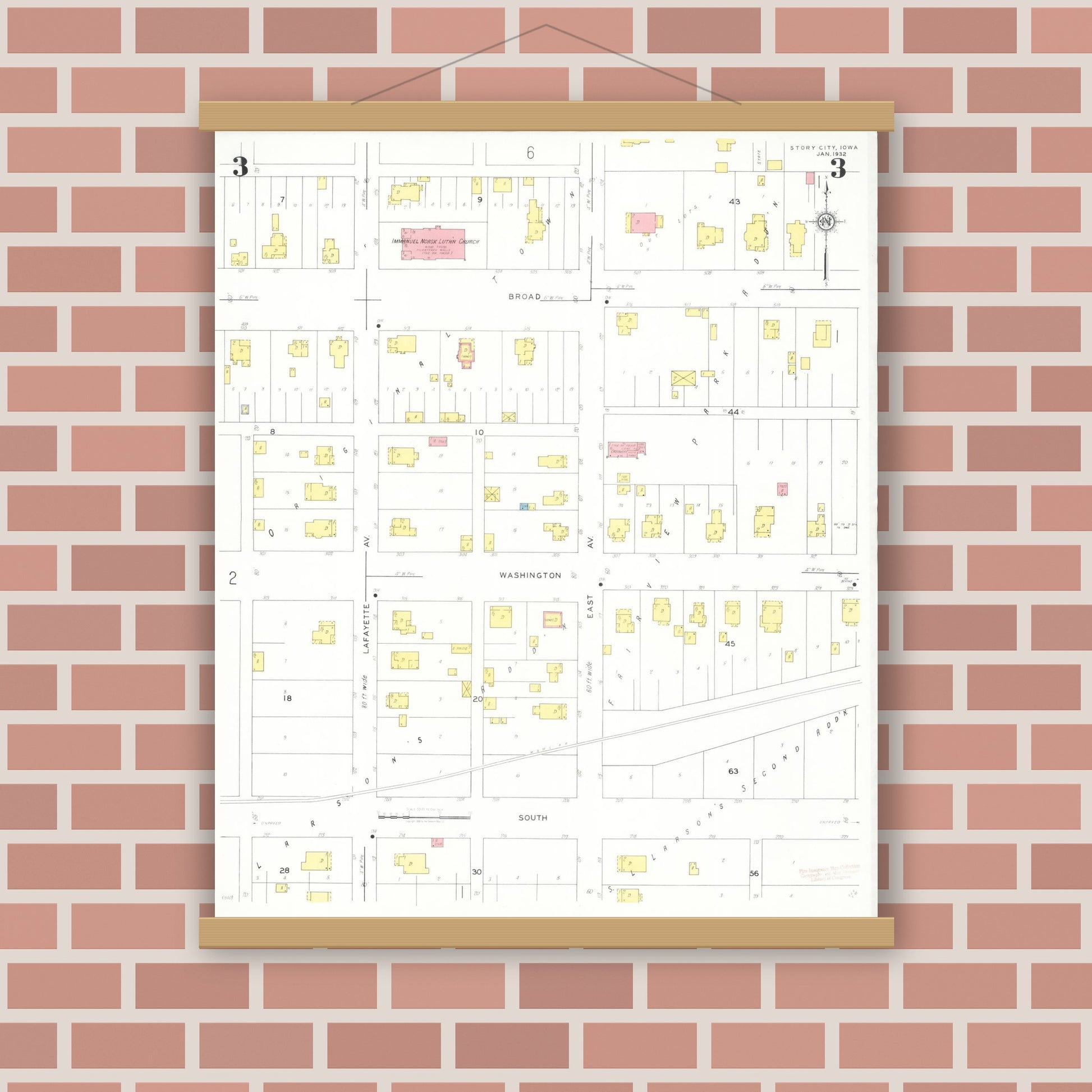Old map wall art mockup — magnetic wood frame on brick wall — Sanborn Fire Insurance Map from Story City, Story County, Iowa (1932), Sheet #0003