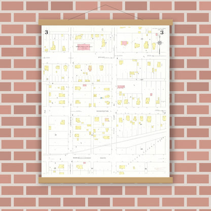 Old map wall art mockup — magnetic wood frame on brick wall — Sanborn Fire Insurance Map from Story City, Story County, Iowa (1932), Sheet #0003