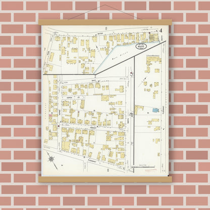 Old map wall art mockup — magnetic wood frame on brick wall — Sanborn Fire Insurance Map from Ware, Hampshire County, Massachusetts (1912), Sheet #0004