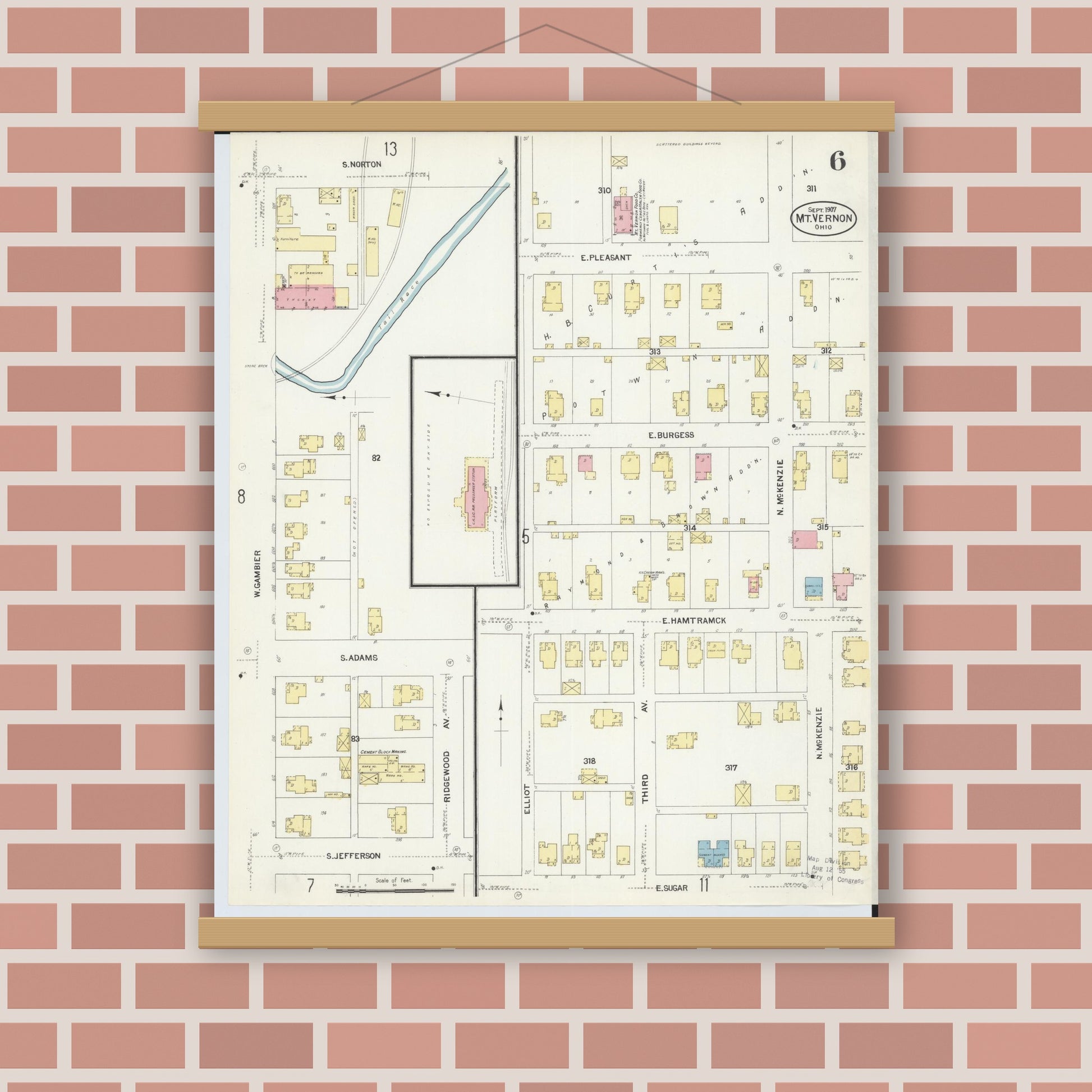 Old map wall art mockup — magnetic wood frame on brick wall — Sanborn Fire Insurance Map from Mount Vernon, Knox County, Ohio (1907), Sheet #0006