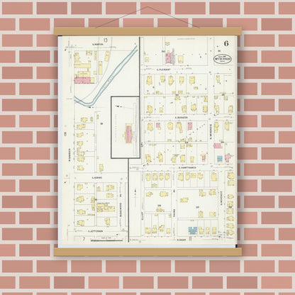Old map wall art mockup — magnetic wood frame on brick wall — Sanborn Fire Insurance Map from Mount Vernon, Knox County, Ohio (1907), Sheet #0006