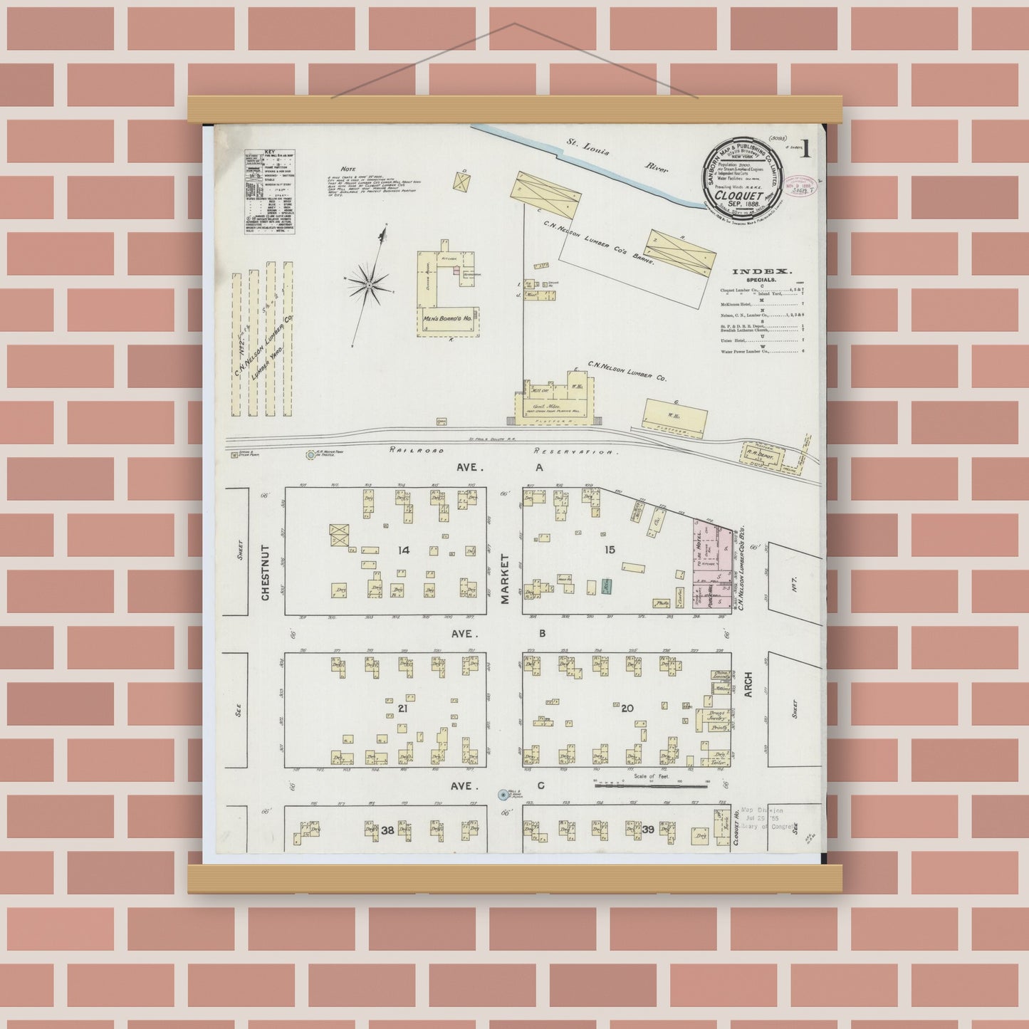 Old map wall art mockup — magnetic wood frame on brick wall — Sanborn Fire Insurance Map from Cloquet, Carlton County, Minnesota (1888) - Complete Map Set