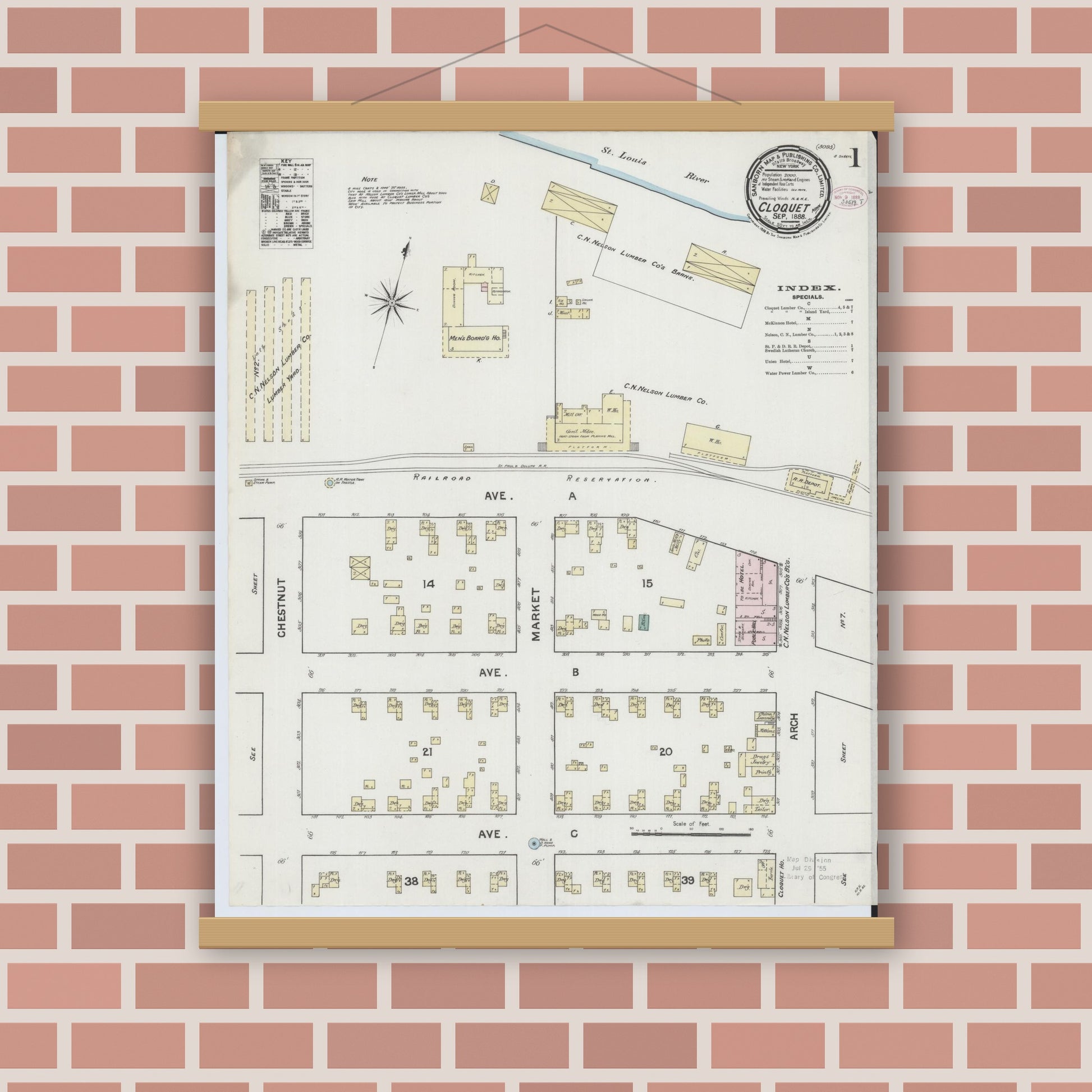 Old map wall art mockup — magnetic wood frame on brick wall — Sanborn Fire Insurance Map from Cloquet, Carlton County, Minnesota (1888) - Complete Map Set