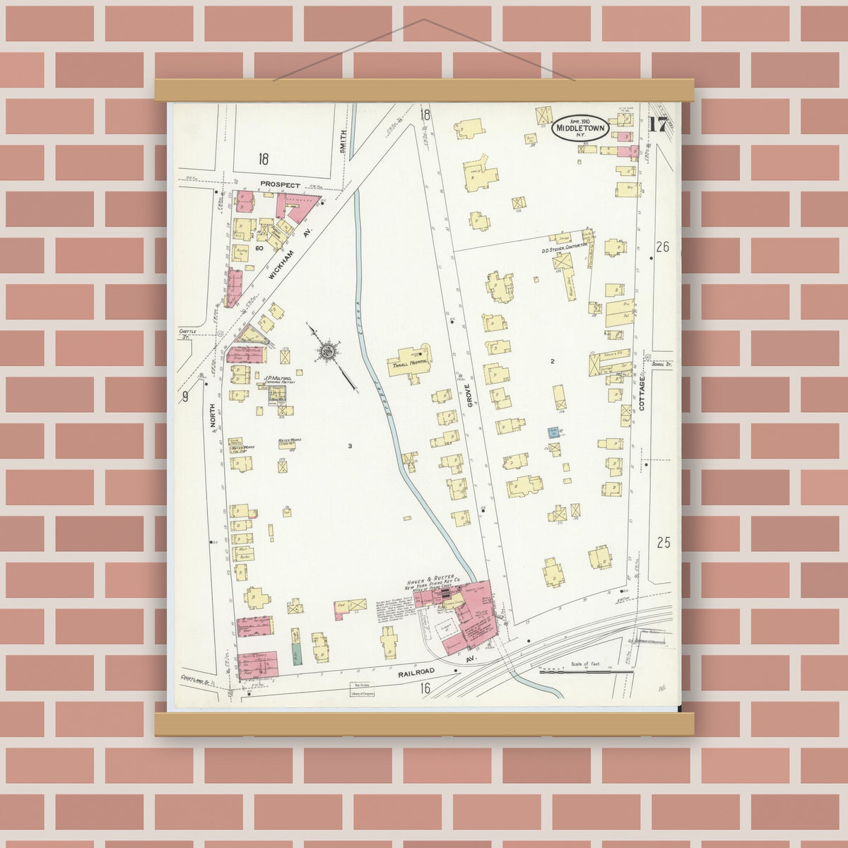 Old map wall art mockup — magnetic wood frame on brick wall — Sanborn Fire Insurance Map from Middletown, Orange County, New York (1910), Sheet #0017