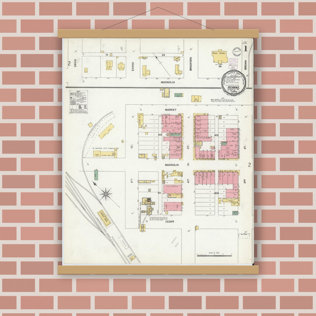 Old map wall art mockup — magnetic wood frame on brick wall — Sanborn Fire Insurance Map from Hearne, Robertson County, Texas (1901) - Complete Map Set