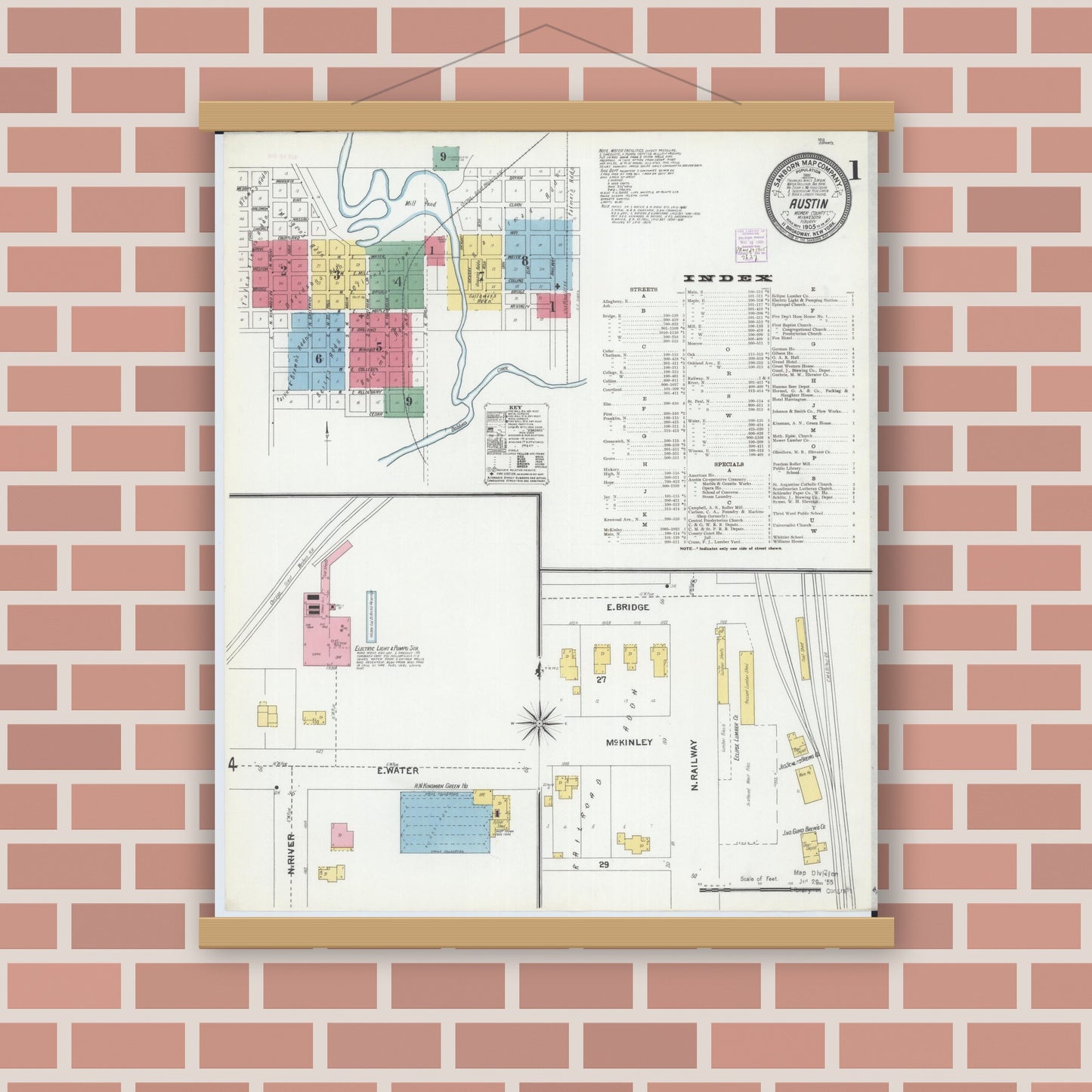 Old map wall art mockup — magnetic wood frame on brick wall — Sanborn Fire Insurance Map from Austin, Mower County, Minnesota (1905) - Complete Map Set