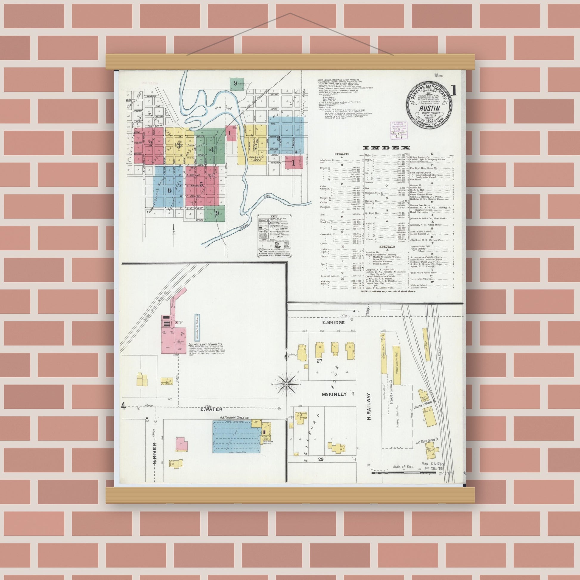 Old map wall art mockup — magnetic wood frame on brick wall — Sanborn Fire Insurance Map from Austin, Mower County, Minnesota (1905) - Complete Map Set