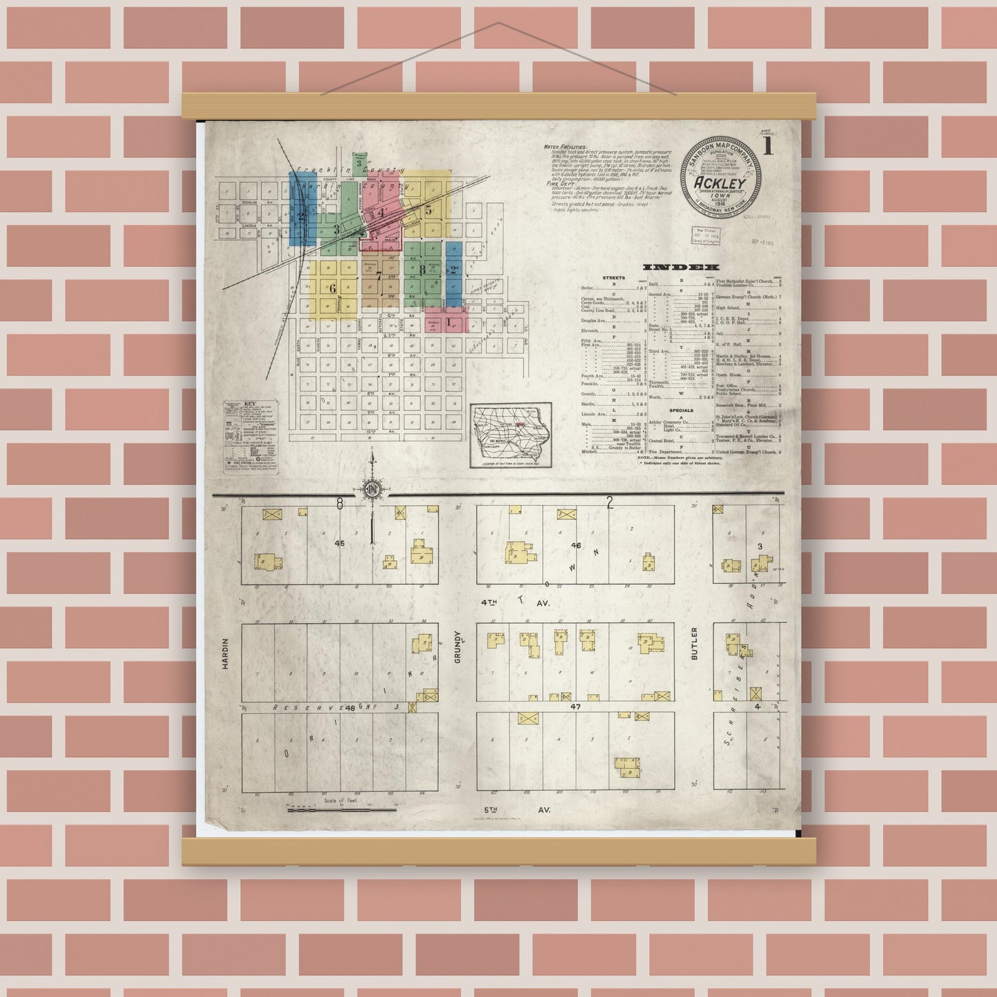 Old map wall art mockup — magnetic wood frame on brick wall — Sanborn Fire Insurance Map from Ackley, Hardin and Franklin Counties, Iowa (1916) â€” Complete Set