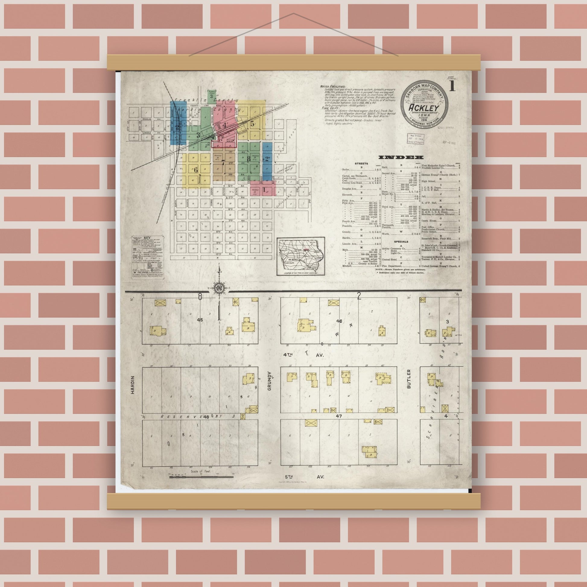 Old map wall art mockup — magnetic wood frame on brick wall — Sanborn Fire Insurance Map from Ackley, Hardin and Franklin Counties, Iowa (1916) â€” Complete Set