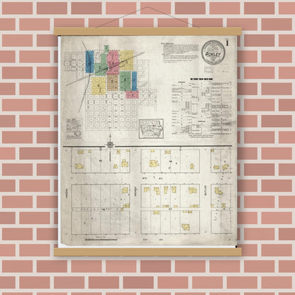 Old map wall art mockup — magnetic wood frame on brick wall — Sanborn Fire Insurance Map from Ackley, Hardin and Franklin Counties, Iowa (1916) â€” Complete Set