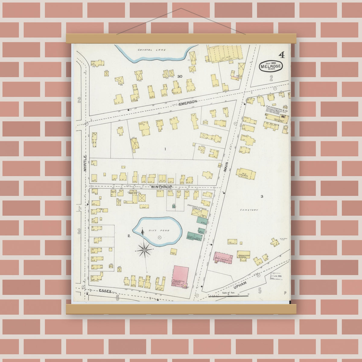 Old map wall art mockup — magnetic wood frame on brick wall — Sanborn Fire Insurance Map from Melrose, Middlesex County, Massachusetts (1892), Sheet #0004