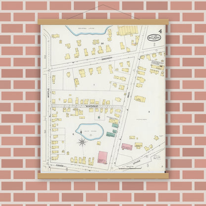 Old map wall art mockup — magnetic wood frame on brick wall — Sanborn Fire Insurance Map from Melrose, Middlesex County, Massachusetts (1892), Sheet #0004