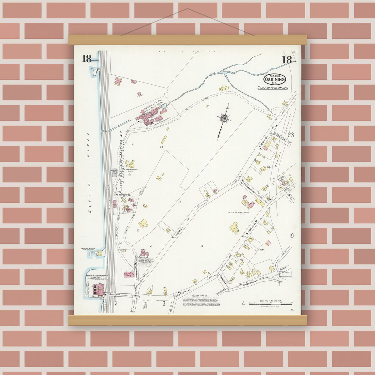Old map wall art mockup — magnetic wood frame on brick wall — Sanborn Fire Insurance Map from Ossining, Westchester County, New York (1924), Sheet #0018