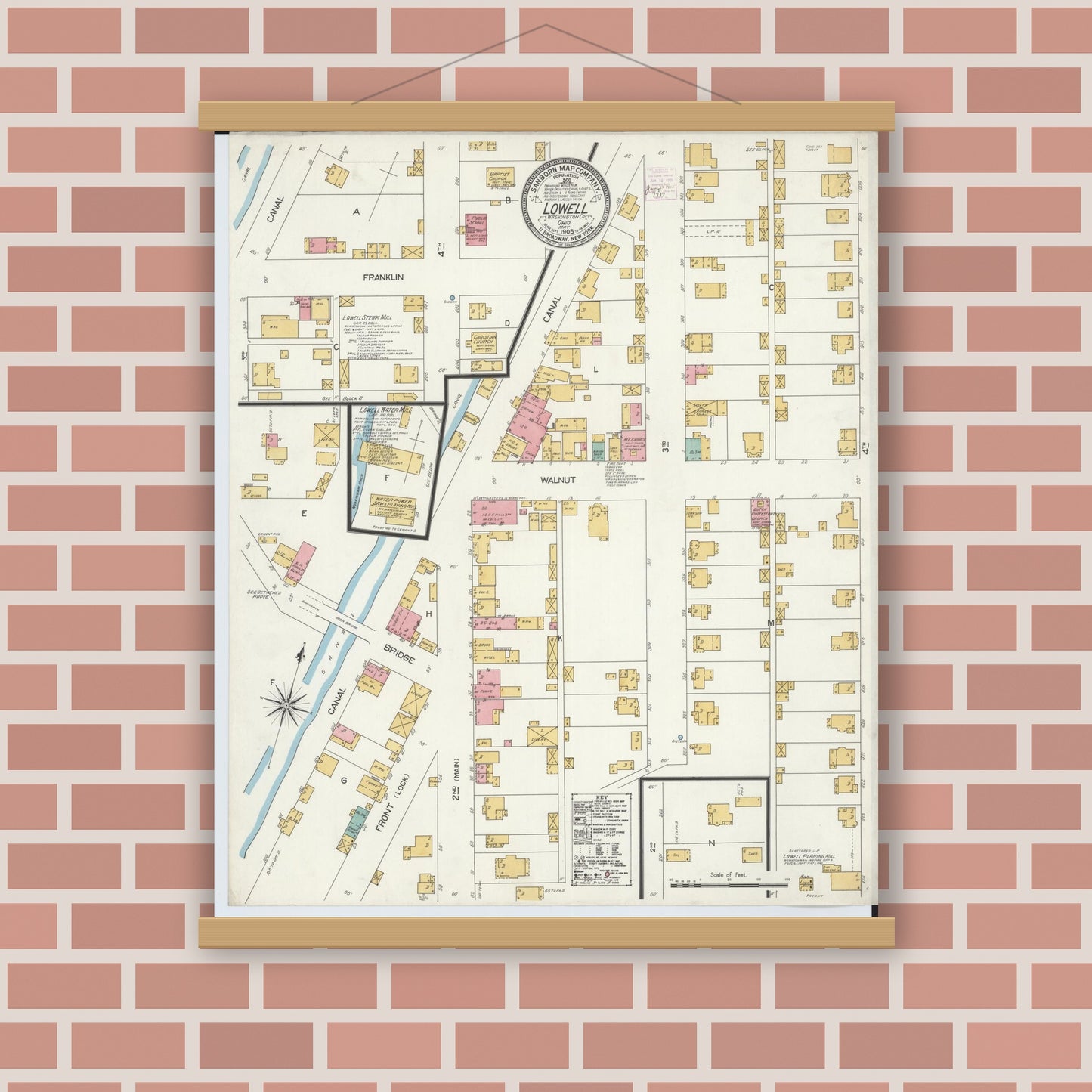 Old map wall art mockup — magnetic wood frame on brick wall — Sanborn Fire Insurance Map from Lowell, Washington County, Ohio (1905), Sheet #0001