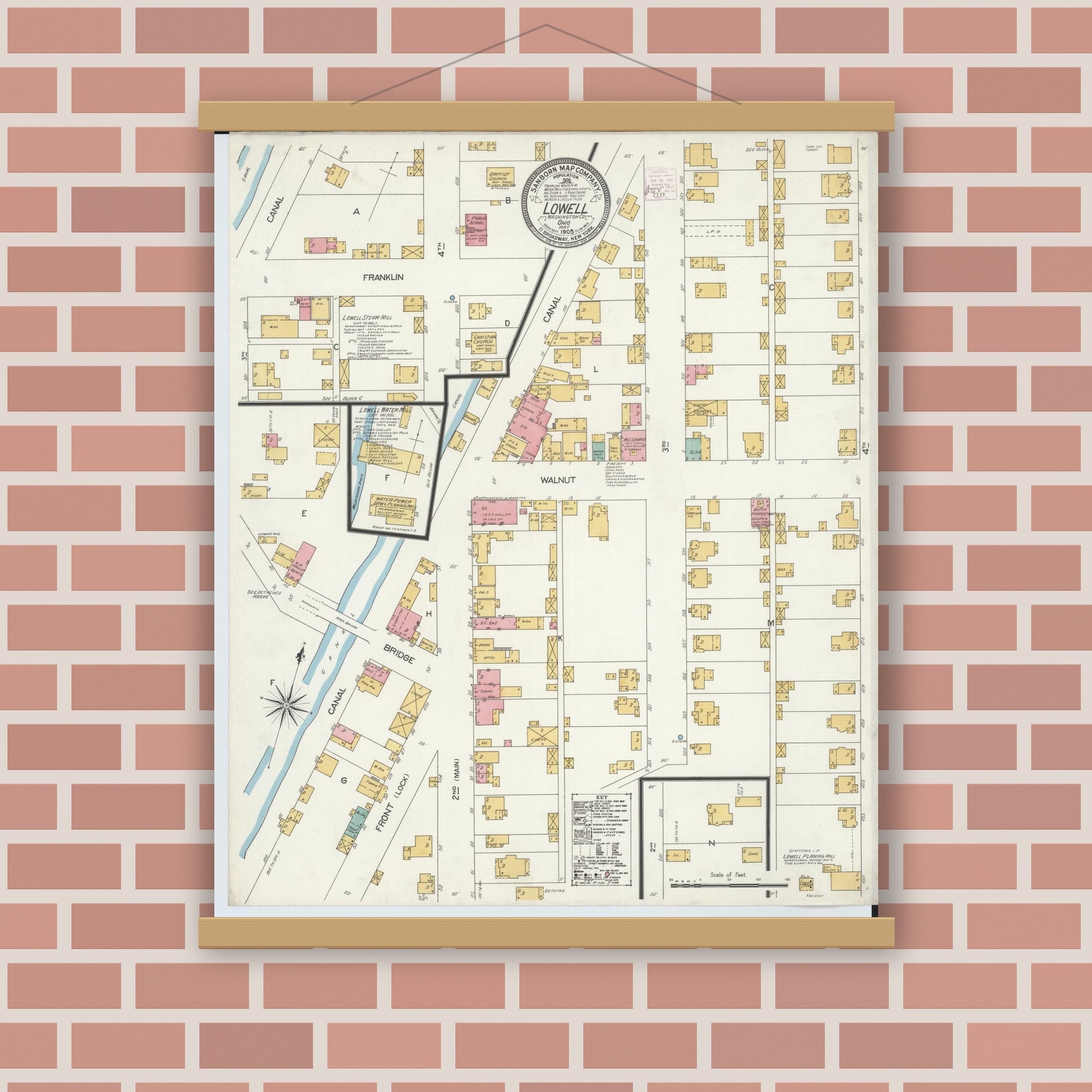 Old map wall art mockup — magnetic wood frame on brick wall — Sanborn Fire Insurance Map from Lowell, Washington County, Ohio (1905), Sheet #0001
