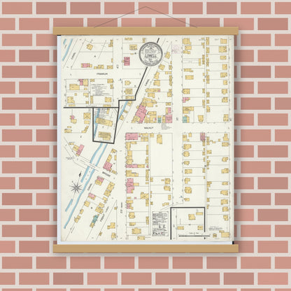 Old map wall art mockup — magnetic wood frame on brick wall — Sanborn Fire Insurance Map from Lowell, Washington County, Ohio (1905), Sheet #0001